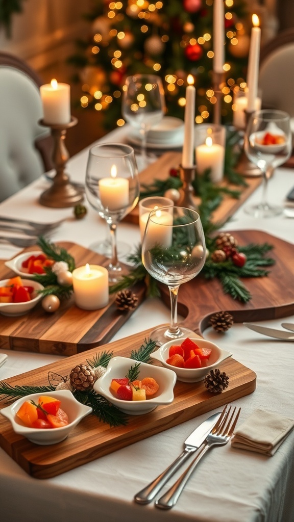 Elegant Christmas Table Settings Without Plates A festive Christmas table setting without plates, showcasing wooden boards, glassware, and seasonal decorations.